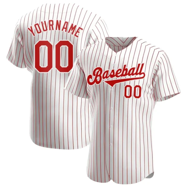 Custom White Pinstripe Baseball Jersey with Red-White