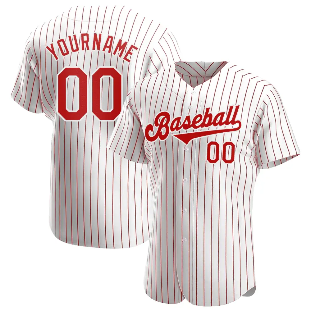 Custom White Pinstripe Baseball Jersey with Red-White
